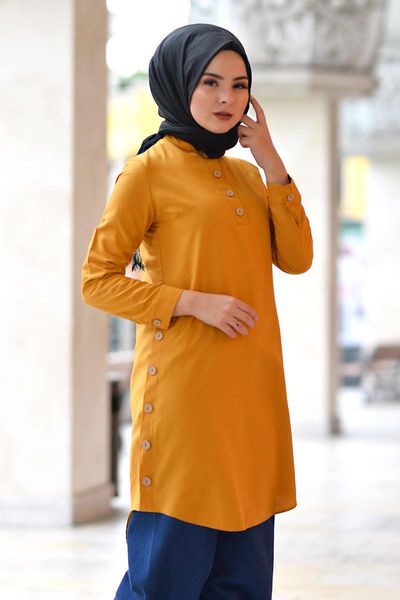 

women's blouses & shirts crew neck button tunik tsd1041 mustard, White