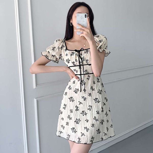 

casual dresses dress women clotheschic south korea summer elegant square neck bow decoration waist flared sleeve floral short 1jpq, Black;gray