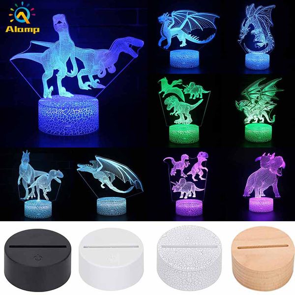 Vários estilos de base de LED mesa de luz noturna 3D lâmpada de ilusão dinossauro painel de luzes de acrílico de 4 mm RGB com controle remoto
