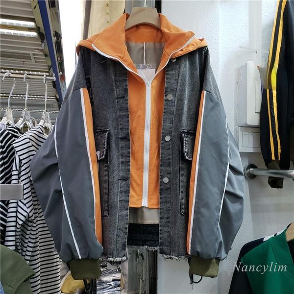 

women's jackets hooded denim jacket women 2021 autumn loose fashion big pocket coat femme streetwear outwears, Black;brown
