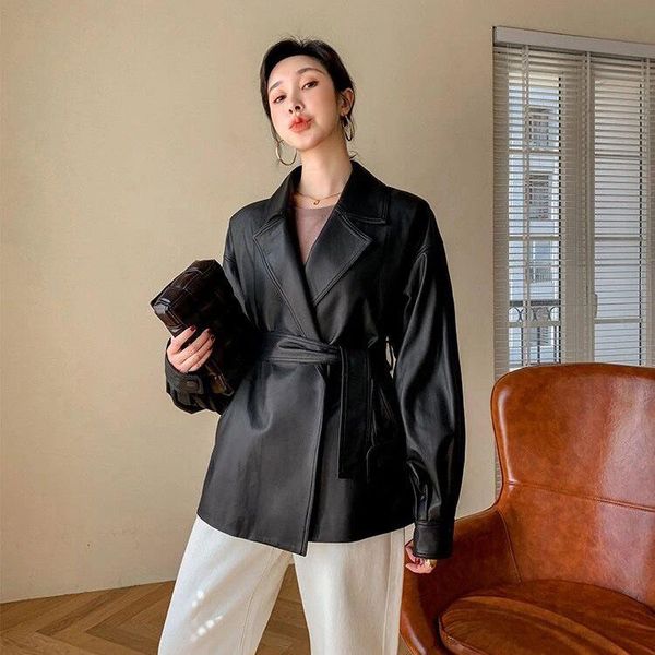 

women's leather & faux casual jacket womens fashion 2021 turn-down collar lace-up solid color oversized loose fitting sheepskin outerwe, Black