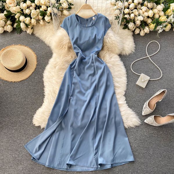 

dresses croysier women es summer chic clothing office lady vintage elegant back cut out satin midi with slit, Black;gray