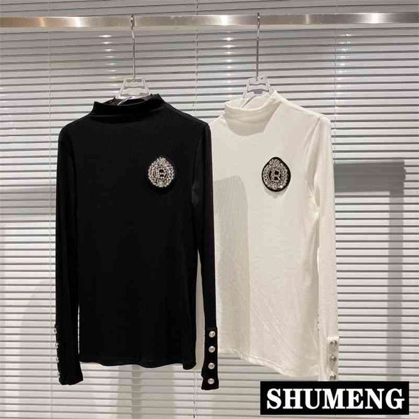 

autumn new letter water drill bead elastic long sleeve t shirt solid color lady's high neck rhinestone base shirt women 210401, White