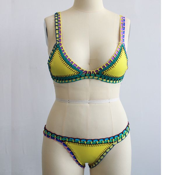

suit ql001 handmade hook edge bikini color matching rubber swimming pants knitted beach swimsuit, White;black