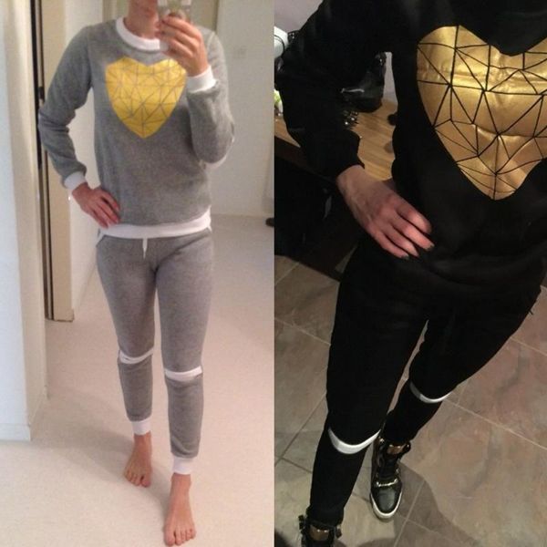 

women's hoodies & sweatshirts m&de 2 piece set tracksuit gold heart hollow out lady ropa mujer women sweatshirt pant sportswear costume, Black