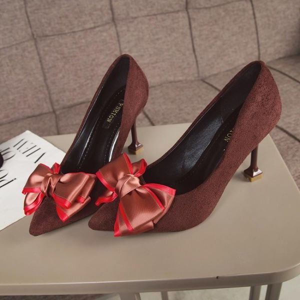 

dress shoes elegent women's high heels shallow mouth pointed toe bright surface bow knot decoration hairy female pumps y21-57, Black