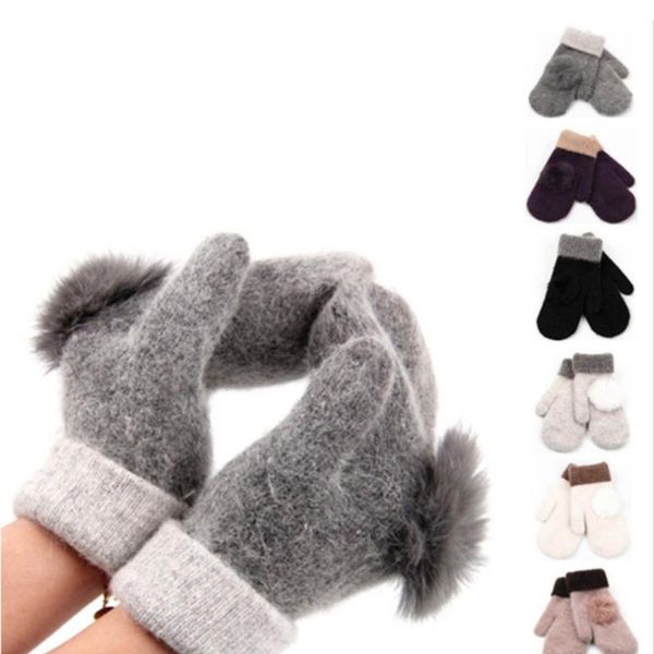 Fingerlose Handschuhe für Damen, modisch, einfarbig, doppelt gestrickt, Tierfell-Kugeln, warm, weich, dick, Winterbezug