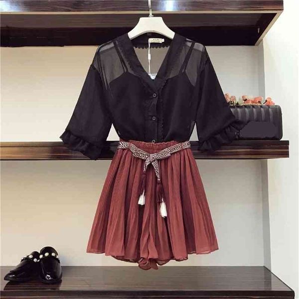 

summer women fashion black vest + sheer pleated shorts 3pcs sets female suits 210519, White