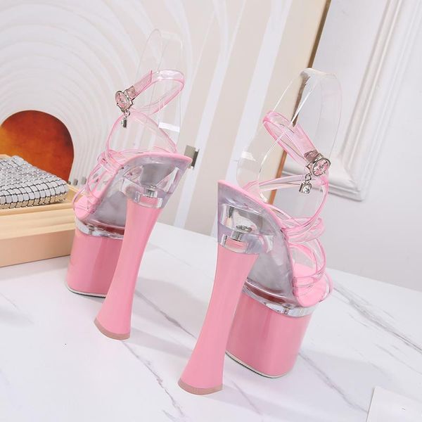 

2021 summer elegant women transparent extreme high heels pink 8cm platform party sandals plus size lady asakuchi shoes 62d5, Black