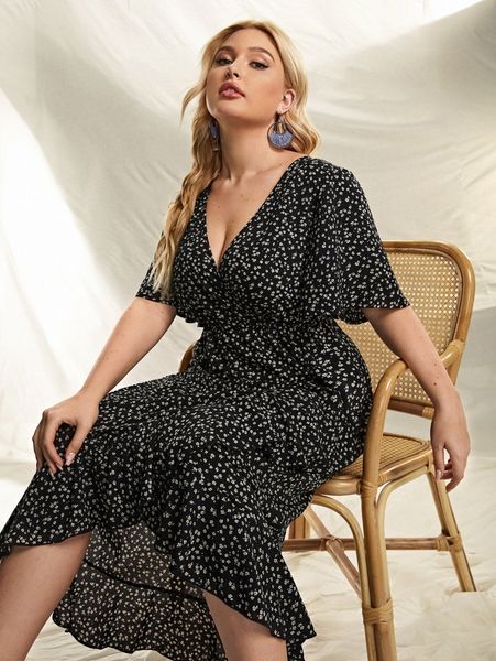 

plus surplice front ditsy floral dress y9e3#, Black