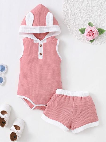 

baby contrast binding 3d ears design hooded bodysuit & shorts she, White