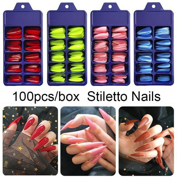 

100pcs/set full cover acrylic stiletto false nails tips pointed sharp 10 sizes uv gel artificial fake art long1, Red;gold