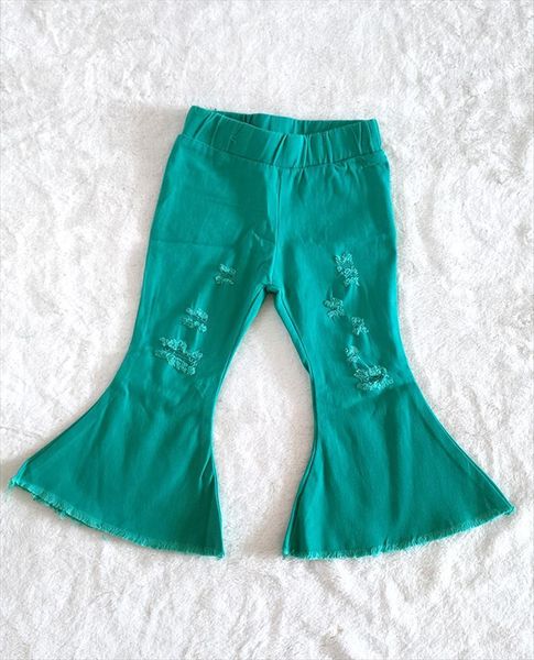 

kids fashion denim pants girls bell baby sell solid color ripped jeans, Blue