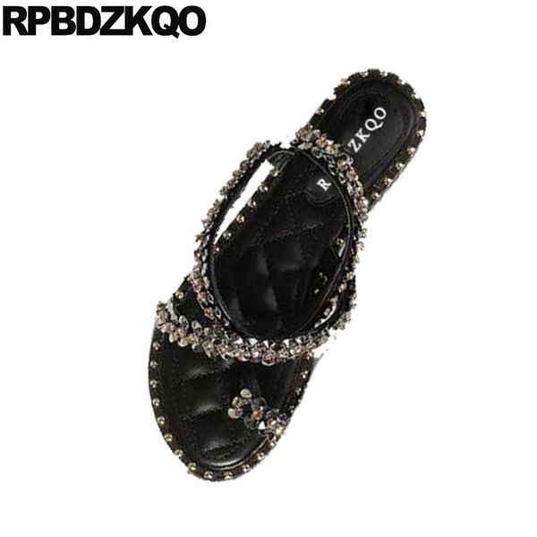 

crystal fashion diamond toe ring shoes black white flat ankle strap soft bling rhinestone designer sandals women luxury 2021