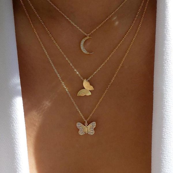 

pendant necklaces 3 pcs/set sweet crystal butterfly moon multilayer for women gold color clavicle chain necklace jewelry gifts, Silver