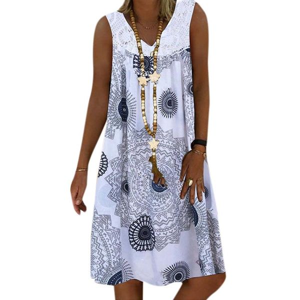 

casual dresses women dress summer 2021 floral printed sleeveless tank beach midi vintage knee-length a-line, Black;gray