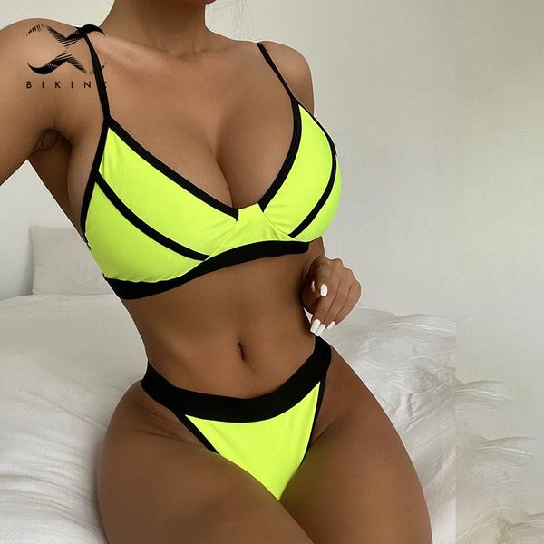 

women's swimwear 2021 neon bikini set high cut bathing suit patchwork swimsuit female push up swimming for women beach wear, White;black
