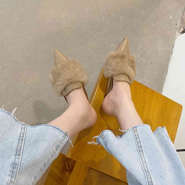 

flip flop plush autumn korean fashion pointed flat bottom baotou half slippers women muller shoes, Black