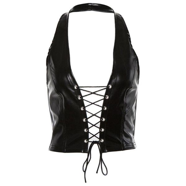 

women's tanks & camis women punk sleeveless crop halter v-neck backless hollow vest faux patent leather cross lace-up party clubwea, White