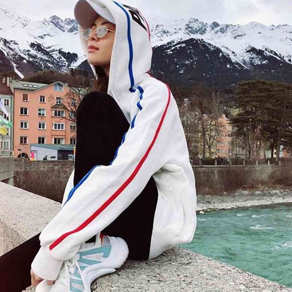 

new 2021 blue red striped letter print hip hop oversized hoodie women designer sweatshirt warm winter loose casual plus size 6ymd, Black