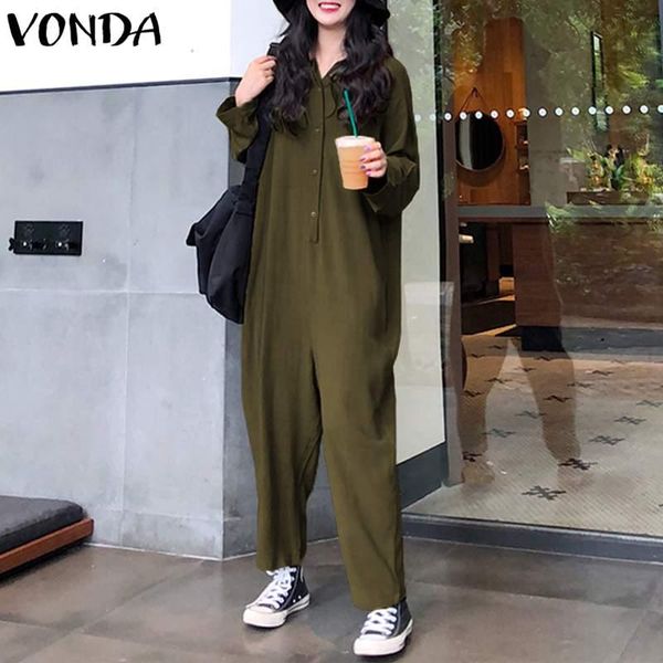 

women's jumpsuits & rompers vonda women romper 2021 casual lapel neck button long sleeve solid loose overalls plus size wide leg pants, Black;white
