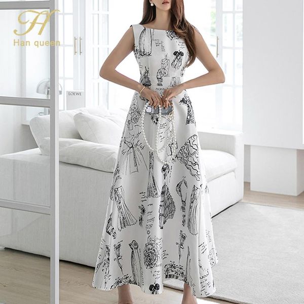 

casual dresses h han queen vintage print elegant long dress women summer sleeveless a-line simple work ankle-length vestidos, Black;gray