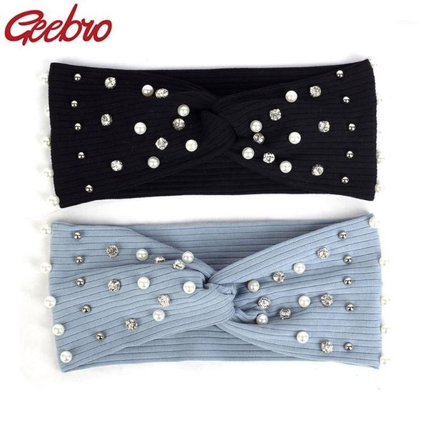 

geebro woman solid diamonds pearls ribbed headbands for ladies soft stretch bow knotted cotton head wrap hair bands accessories1