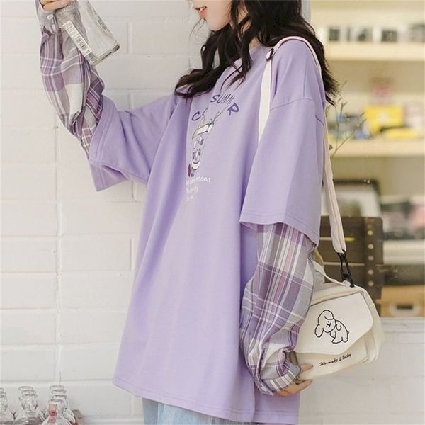 

long-sleeved fake two-piece iris purple t-shirt women's autumn korean version loose printing all-match student 210722, White