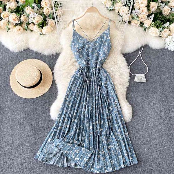 

spring fashion women slim long pleated floral print dress lady sleeveless v neck elegant clothes vestidos de mujer r100 210527, Black;gray