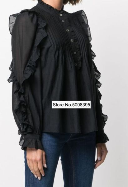 

women's blouses & shirts black cotton blouse lace frills collar pleats detail long sleeves ruffled fashion elegant high quality, White