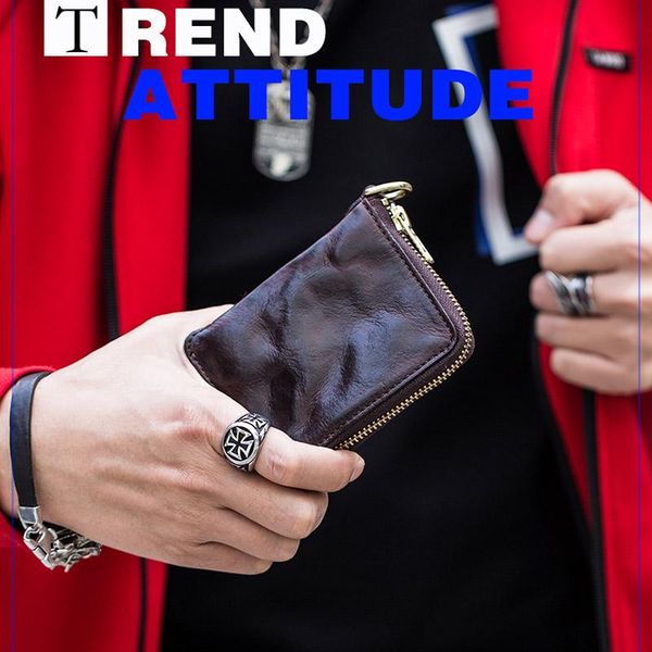 

first layer cowhide zipper wallet, short vintage hand-folded simple men's wallet wallets, Red;black