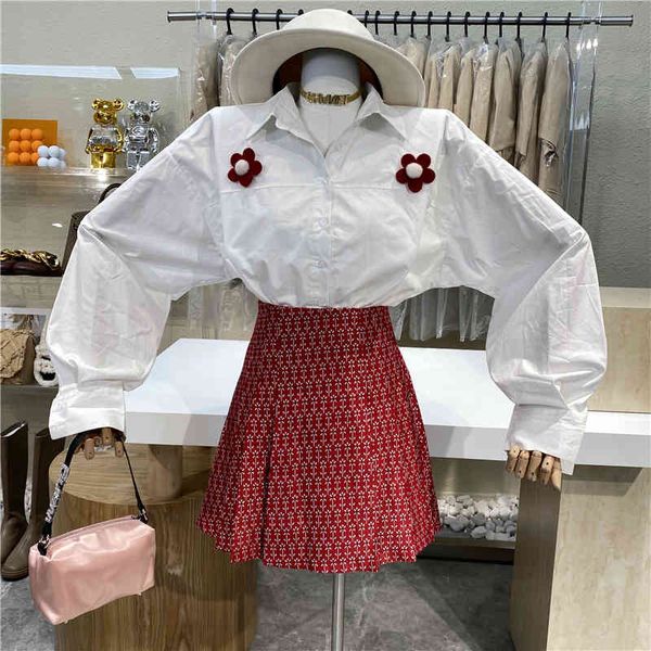 

skirt nicho design sweet floral preppy released white long-sleeve shirt + red printed high-waisted culottes suit, Black