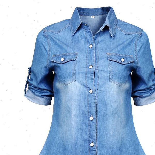 

fashion clothes half sleeve womens shirt denim solid buttons mujer, White