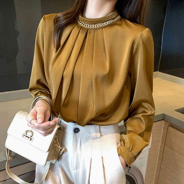 

elegant solid pleated chain stand satin women blouse autumn korean office ladies lantern sleeve shirt female blusas 210416, White