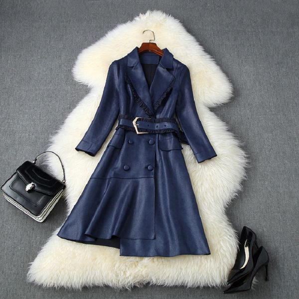 

dresses autumn winter fashion suede leather women notched collar buttons belt patchwork blue pink outwear, Black;gray