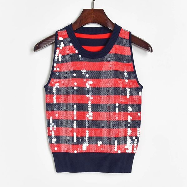 

sweaters sweater crop women sleeveless red white sequins striped tank knitted vest pullovers haut femme camiseta a01, White;black