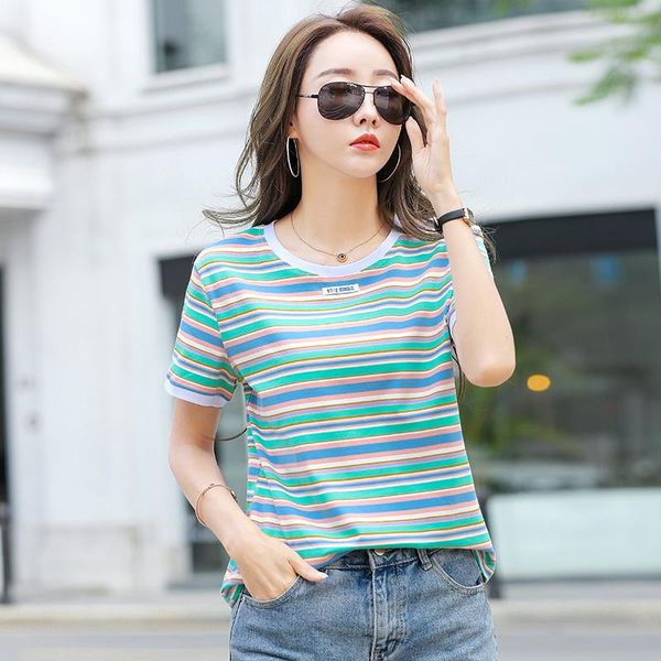 

women's t-shirt 2021 summer orange red striped cotton women t-shirts simple colorful short sleeve blue tshirts lady soft casual fashion, White