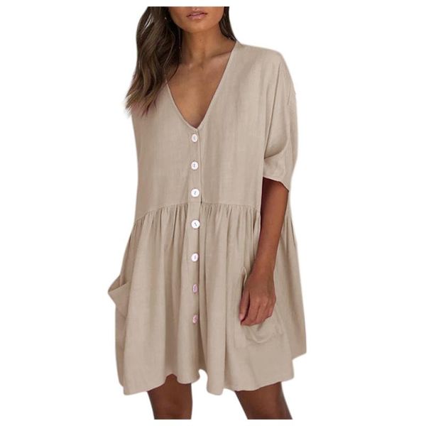 

casual dresses tmale women's solid loose v-neck ladies half sleeve button pocket mini dress women elegant for curvy haraju, Black;gray