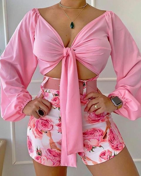 

women's tracksuits office ladies two piece suit women fashion printed shirt shorts casual, Gray