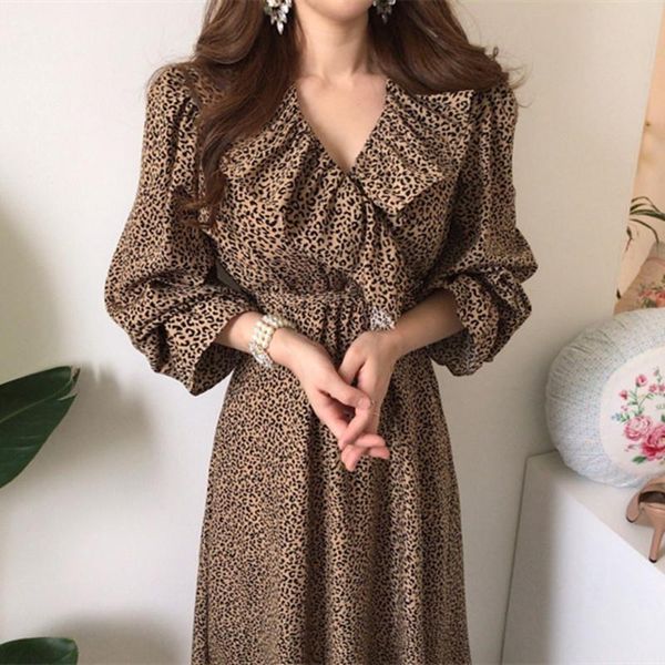 

women dresses spring vintage leopard print dress v neck ruffles long sleeve female a line midi vestidos femme, Black;gray