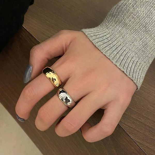 

wedding rings myqis korea vintage ins big band metallic finger ring 2021 for women girl 18k gold plated open adjustable jewelry, Slivery;golden