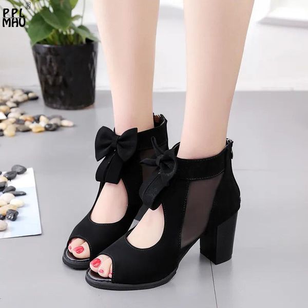 

mesh breathable comfortable women shoes black butterfly-knot hollow out high heels quality open toe platform sandals