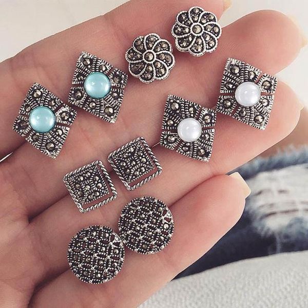 

stud 5 pair round square geometric earrings for women vintage opal earing jewelry antique silver color crystal bohemian boho, Golden;silver