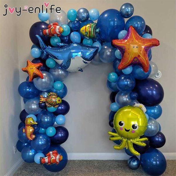 101 pcs Ocean World Theme sob o animal do mar escuro azul balões garland kit decorações de festa de aniversário crianças festa de chá de bebê 211216