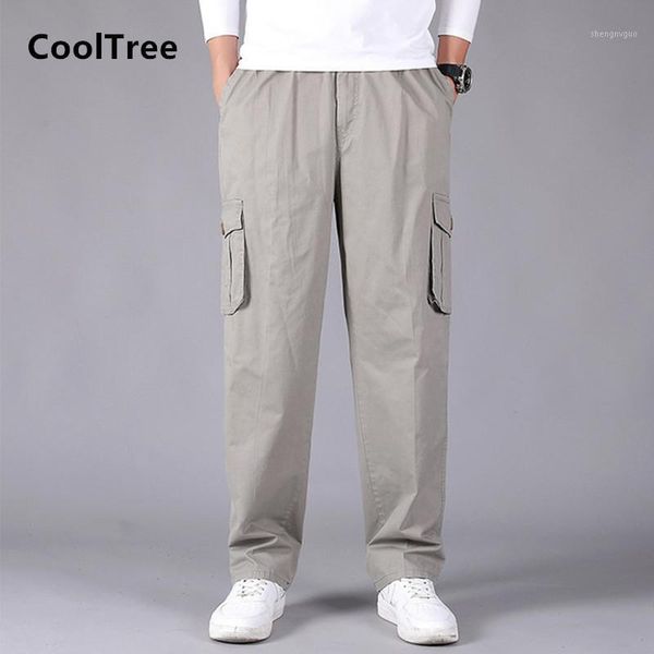 

men's pants cooltree men cargo spring autumn solid color multi-pocket straight trousers male loose casual streetwear plus size, Black