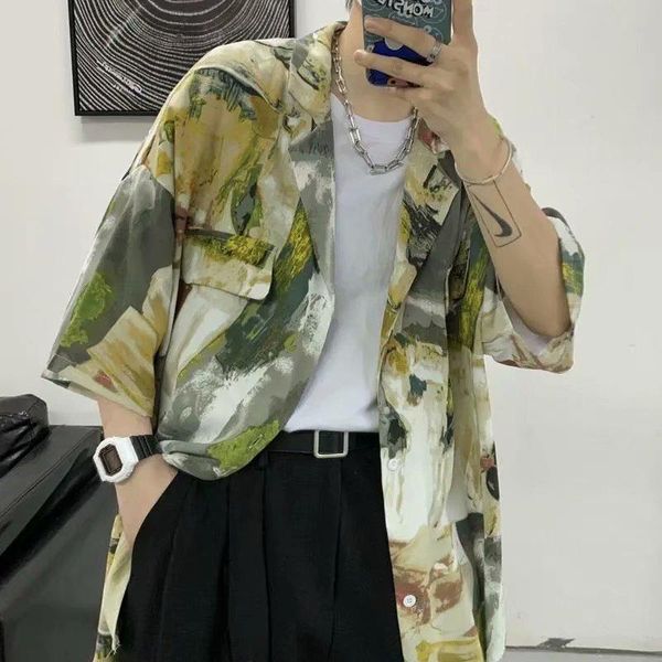 

men's casual shirts summer thin tide brand shirt male korean handsome oil painting loose college style ins short-sleeved, White;black