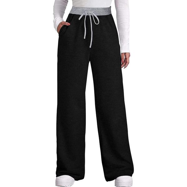 

yoga outfit summer wide leg pants casual long trousers pockets sweat absorbent solid color elastic drawstring pencil women 2021