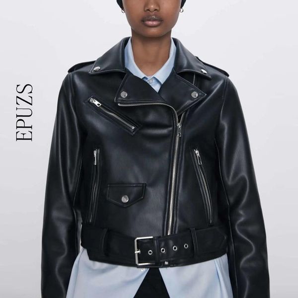 

women black pu leather jacket motorcycle coat streetwear long sleeve zippers biker women's & faux