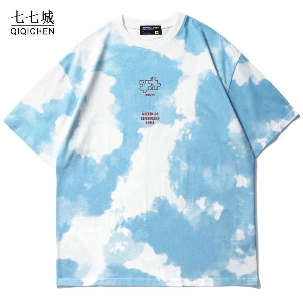

men's t-shirts tie-dye t-shirt jigsaw pattern printed short sleeve hip hop oversize cotton casual harajuku streetwear tee tshirts, White;black