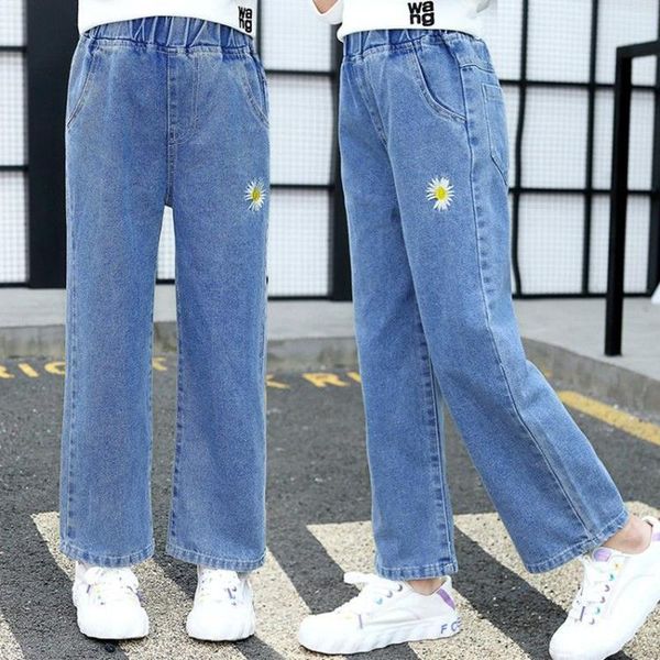 

spring fashion embroidery straight jeans for girls teenage children elastic waist denim pants kids trousers girls' clothes, Blue